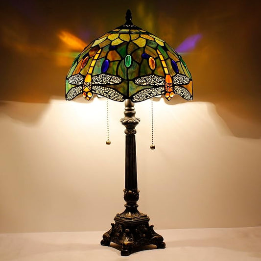 Tiffany Table Lamp Brown Yellow Stained Glass Desk Lamp 12X12X21 Inches Dragonfly Style Reading Light
