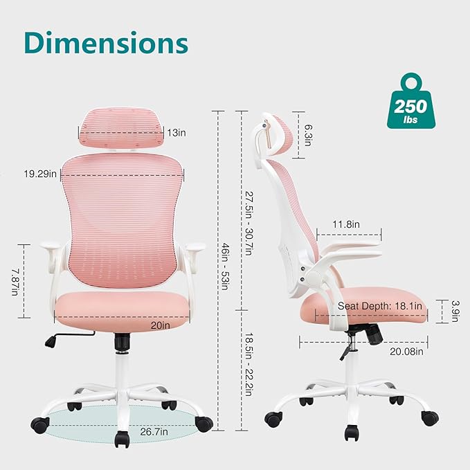 SMUG Office Desk Chair - Ergonomic High Back Computer Task Chair with Comfy Lumbar Support and Adjustable Headest, 360° Swivel, Flip-up Armrest for Home, Bedroom, Gaming, Study, Student, Pink