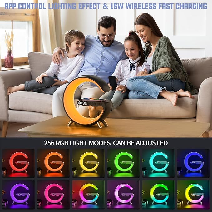 Smart LED Night Light, Wireless Charger, Phone Wireless Charging Dock, Table Bedside Lamp, Sunrise Alarm Clock, Bluetooth Speaker & App Control, Ideal for Bedroom, Home Decor, Birthday, Christmas Gift