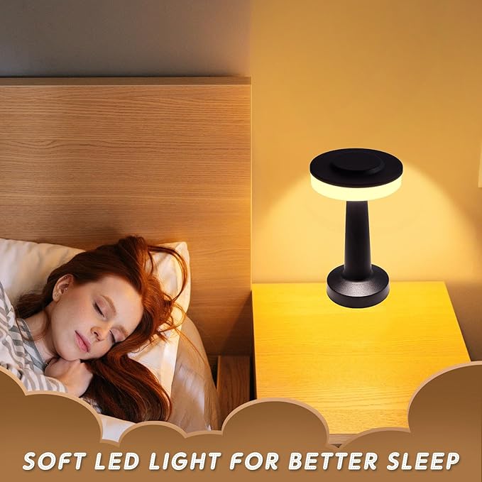 Riakrum Set of 2 LED Portable Cordless Table Lamp with Touch Sensor 3 Color Stepless Dimming Rechargeable Battery up to 15 Hours Cordless Table Light Wireless Lamp for Nursery(Black,2 Pcs)