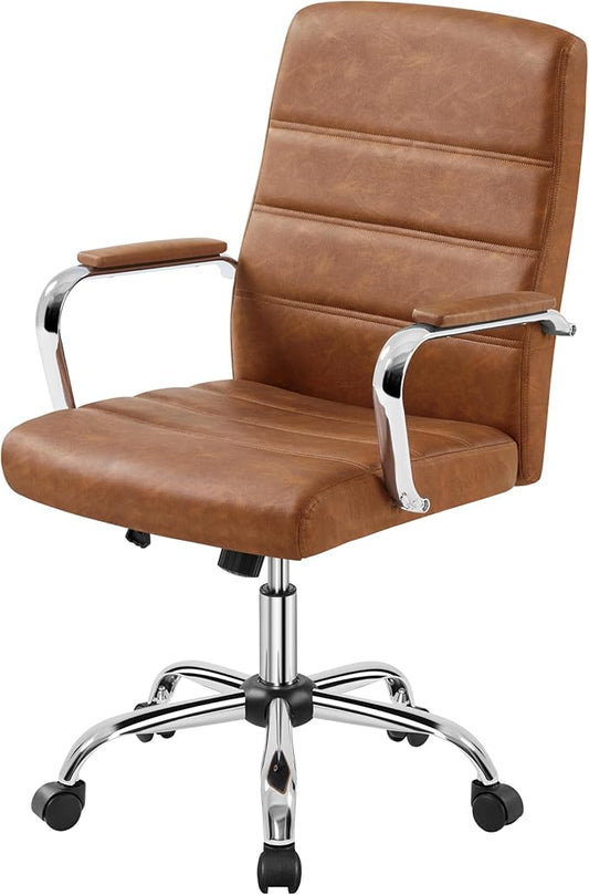 Yaheetech Mid-Back Office Chair with Arms Swivel PU Leather Height Adjustable Office Executive Chair, Retro Brown