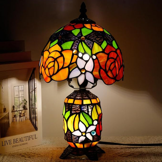 Small Tiffany Lamp Stained Glass Table Lamp Mini Mother Daughter Vase Desk Accent Night Light for Bedroom Bedside Reading Home Antique Style 8X14 Inches (Red Yellow)