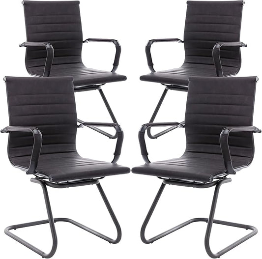 Office Desk Chair No Wheels Set of 4 PU Leather Computer Chairs Mid Back Guest Chairs for School Reception Conference Waiting Room, Vintage Charcoal