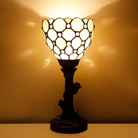 Small Tiffany Lamp Mini Stained Glass Table Lamp Cream Bead Accent Desk Uplight W6 H13.5 Inch Bronze Resin Base