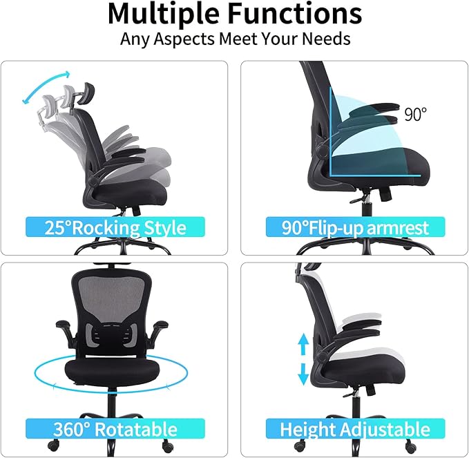 Flysky Ergonomic Office Chair, Mesh Home Office Desk Chair with Flip-up Arms and Lumbar Support, Height Adjustable, Swivel, Black-Headrest