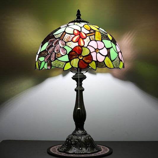 Tiffany Lamp 12-inch Grape Rose Stained Glass Lamp, Bedside Table Lamp, Suitable for Bedroom, Living Room, Home Office, Home Decor Art, E26 Bulb (Not Included in Delivery)