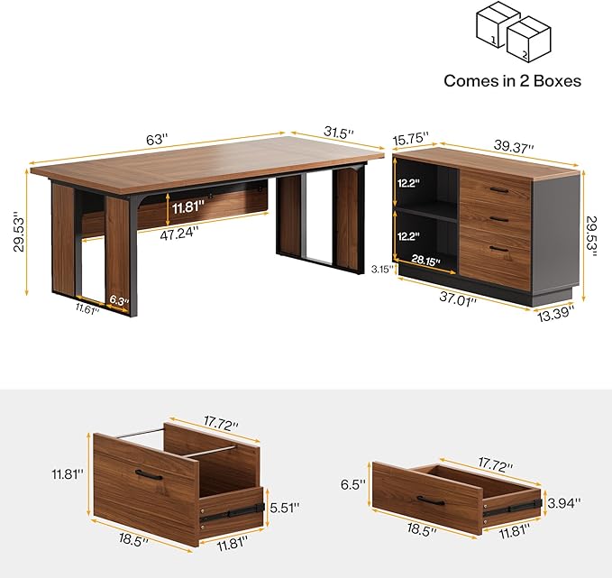 Tribesigns 63‘’ L-Shaped Executive Desk, Office Table with 39.37-Inch Drawers Cabinet, Large Computer Desk with Storage Shelves, Business Furniture Set for Home Office, Brown & Black