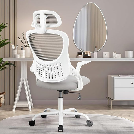 SMUG Office Chair Ergonomic Desk Lumbar Support, Computer Chairs Gaming Mesh with Wheels and Headrests, Flip-up Arm,Adjustable Position for Home, Work, Study, Grey