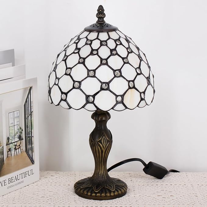 Small Tiffany Lamp Stained Glass Table Lamp Mini Desk Accent Light for Bedroom Bedside Reading Home Antique Style Decor 8X15 Inches (White Yellow)