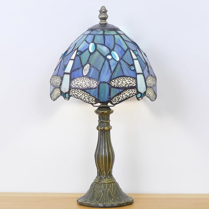 Small Tiffany Lamp Mini Stained Glass Table Lamp Bedside Accent Lamp Memory Sympathy 8X14.5 Inch (Sea Blue Dragonfly)