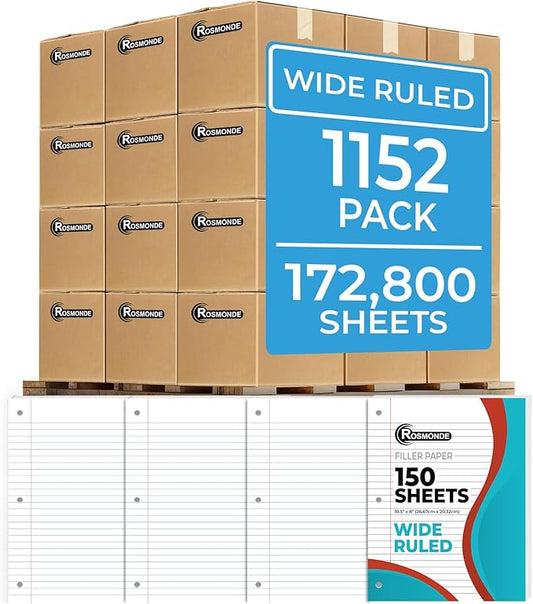 Rosmonde 1152 Pack (Pallet) Loose Leaf Paper Bulk, 172800 Sheets, Wide Ruled, Pallet of Filler Paper, 150 Sheets/Pack, 8 x 10.5", 3 Hole Punched, 56 Gsm Thick Sheets, School & Office, 4-7 Days Transit