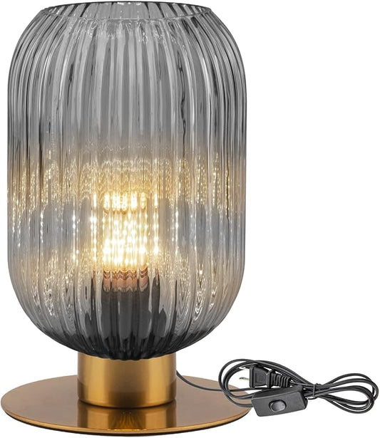 Small Lamp for Nightstand, Smoke Glass Table Lamp Grey Bedside Table Lamp with Gold Metal Base, Vintage Bedside Lamp Mid Century Modern Plug in Table Lamps for Bedroom Living Room Office Study