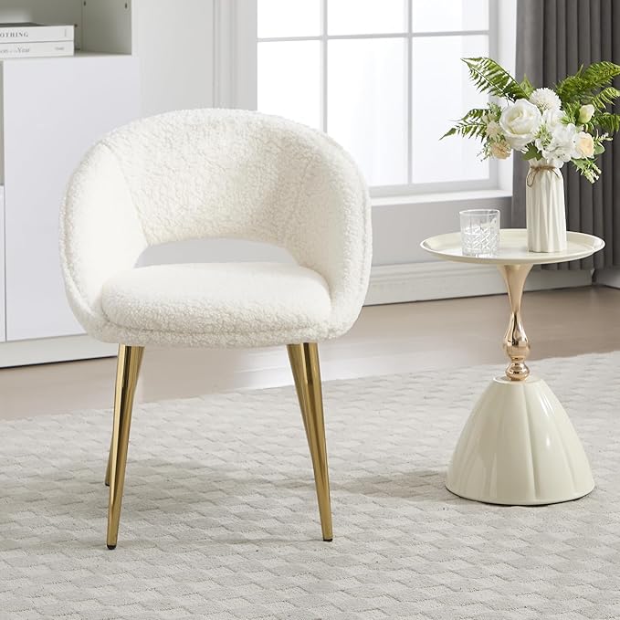 KCC Fluffy Desk Chair Set of 2, Faux Fur Accent Chair, Comfy Modern Leisure Armchair No Wheel, Upholstered Elegant Fuzzy Chair with Metal Legs for Teens Women Girls, Home Vanity Makeup Office Chair