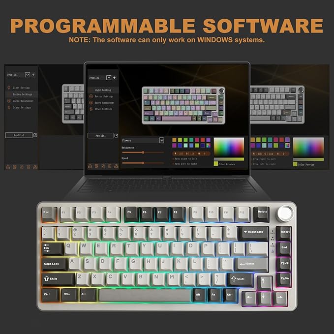 YUNZII B75 PRO Wireless Mechanical Keyboard,75% Layout with Knob,Hot Swap Gasket Custom Structure,Creamy Pre-lubed Switches,RGB Backlit,Bluetooth/Type-C/2.4G for Win/Mac(Cocoa Cream V2 Switch,Grey)