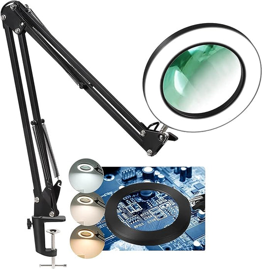 LANCOSC Magnifying Glass with Light and Stand, 5 Inches 10X Real Glass Lens, 3 Color Modes Stepless Dimmable LED Desk Lamp, Adjustable Arm Lighted Magnifier Light for Reading Repair Crafts Close Work