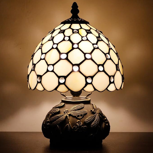 Small Tiffany Lamp Mini Stained Glass Table Lamp Cream Pearl Beads Style Mushroom Desk Light Memory Sympathy Lamp 8X11 Inch