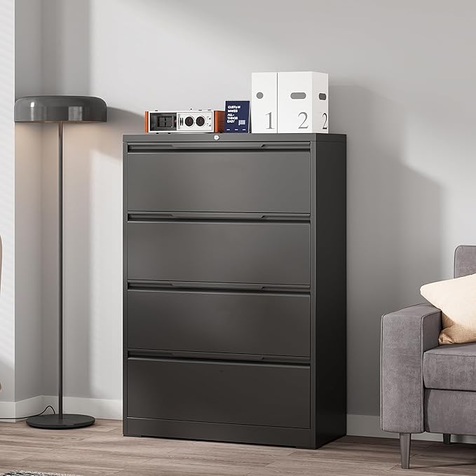 Coolsun Metal Lateral File Cabinet, 4 Drawer File Cabinet with Lock, Wide Filing Cabinet for Home Office, Locking Storage Cabinet for Hanging A4/F4/Letter/Legal, Assembly Required (Black, 4 Drawer)