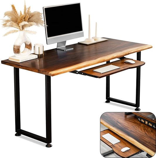 Solid Walnut Wood Computer Desk with Keyboard Tray – Live Edge Wooden Home Office Desks with Sturdy Metal Legs – Real Wood Table for Work, Study, or Gaming - 60” x 27”