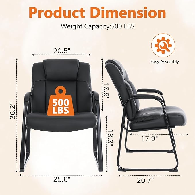 CLATINA Big Tall 500 LBS Wide Guest Chair Heavy Duty, Leather Side Reception Chairs with Sled Base and Armrest, Executive Office Desk Chair No Wheels for Meeting Conference Waiting Room Home, 2 Pack