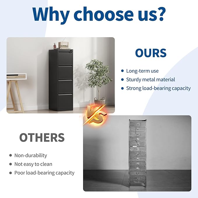 4-Drawer Locking Vertical File Cabinet, Metal Storage Cabinet for Office/Home – Secure Vertical Filing for Letter/Legal/A4/F4 Documents, Easy to Assemble Steel Cabinet (Black, 4 Drawer-52 H)