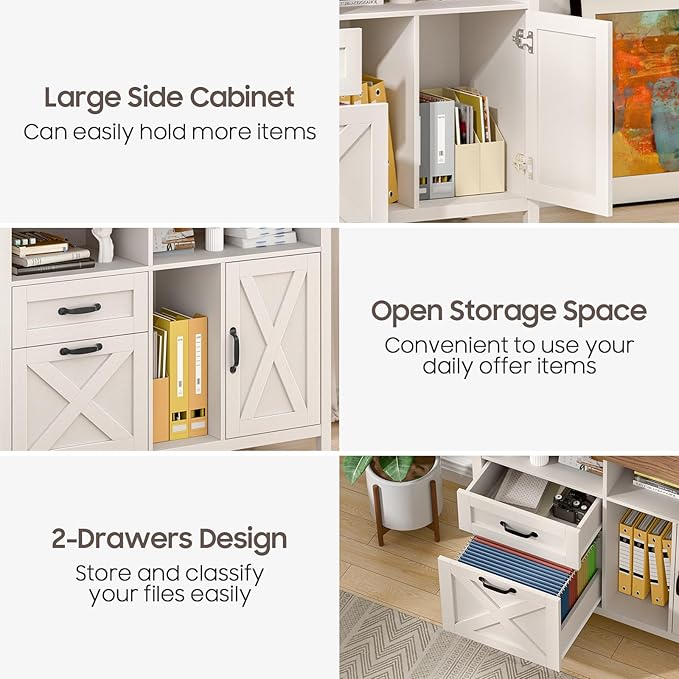 Lateral File Cabinet with 2 Drawers and Door, Farmhouse File Cabinet for A4/Letter Size Hanging Files, Large Wood File Storage Cabinets Printer Stand with Open Space for Home Office Furniture, White