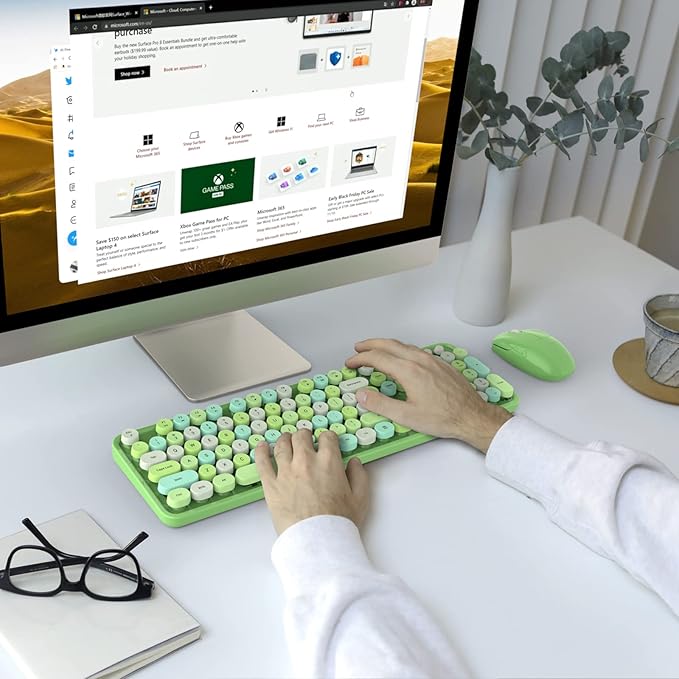 Wireless Keyboard and Mouse Combo - GEEZER Olive Green Full-Sized Colorful Keyboard 104 Keys - USB 2.4 G Receiver Plug and Play with Round Keycap Typewriter Keyboards, for Windows, PC, Laptop, Desktop