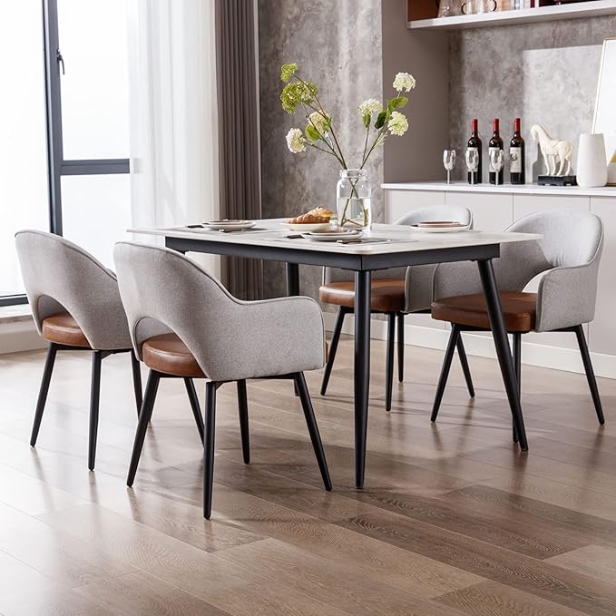 DUOMAY Modern Swivel Dining Chairs Set of 4, Linen & Faux Leather Upholstered Accent Side Chair, Home Office Desk Chair with No Wheels for Dining Room Living Room Office, Light Grey