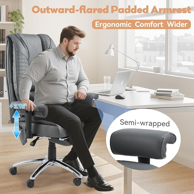 Massage & Heating Office Chair with Foot Rest, Ergonomic Executive Office Chair with Reclining Backrest, Adjustable Arms and Lumbar Support, High Back Leather Desk Chairs for Home Office, Gray