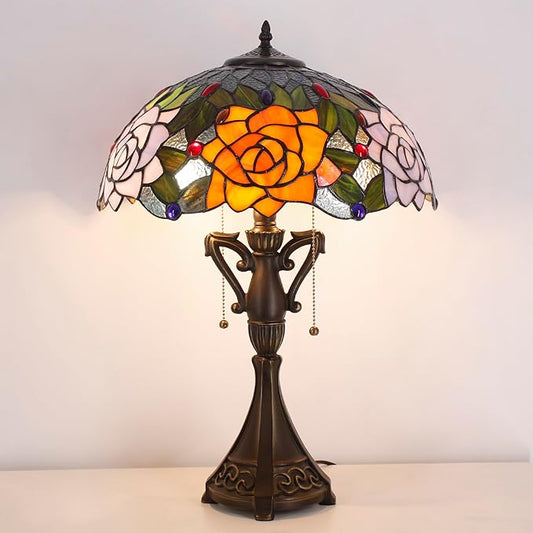 Tiffany Table Lamp 24 Inch High Antique Stained Glass Purple Orange Rose Flower Desk Reading Light Wide 16 Inch for Bedroom Living Room Home Office