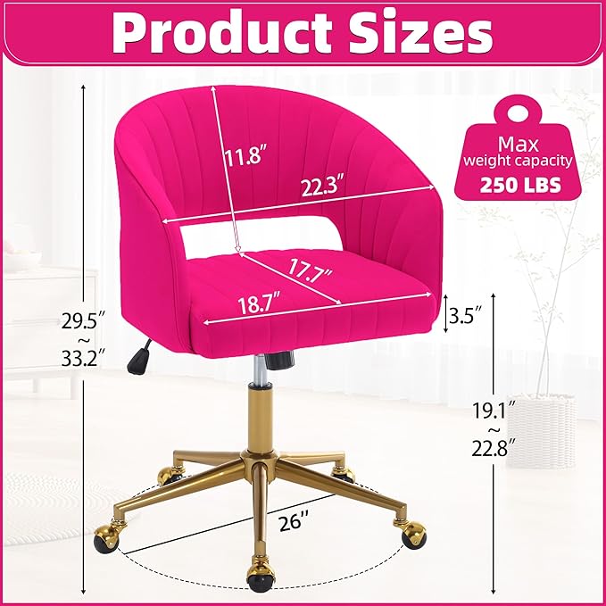 ABET Desk Chair with Wheels, Velvet Home Office Chair, Swivel Armchair Gold Base, Upholstered Modern Accent Chairs, Back Incline Adjustable for Living Room Bedroom Vanity, Hot Pink