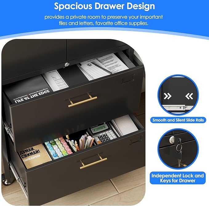 METAN Metal File Cabinet with 2 Drawers and 2 Shelves,Office Filing Cabinet on Wheels with Lock,Office Storage for Letter/Legal Size,Assembly Required,Black