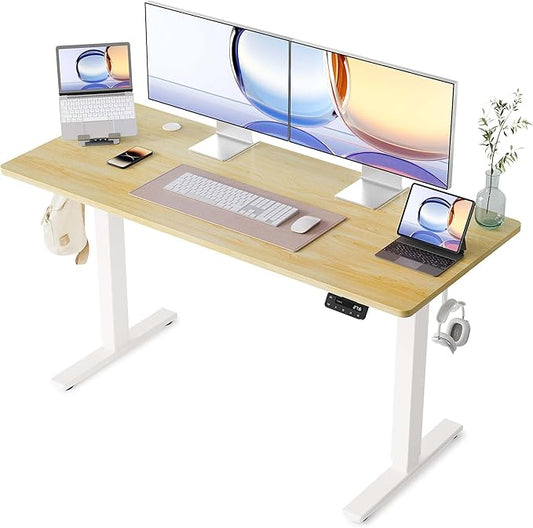 YIHAYO Electric Standing Desk, 55 x 24 Inches Stand Up Desk with Splice Board, Adjustable Height Desk, Computer Desk for Home Office, White Frame/Natural Top