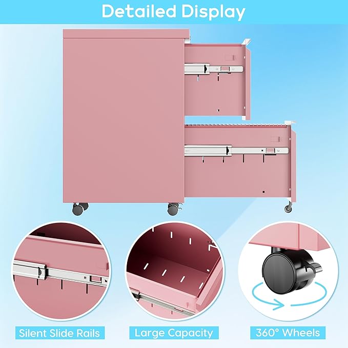 Aobabo 2 Drawer File Cabinet with Wheels, Lockable Metal Filing Cabinet for Home Office, Legal/Letter Size, Fully Assembled Except Wheels, Pink