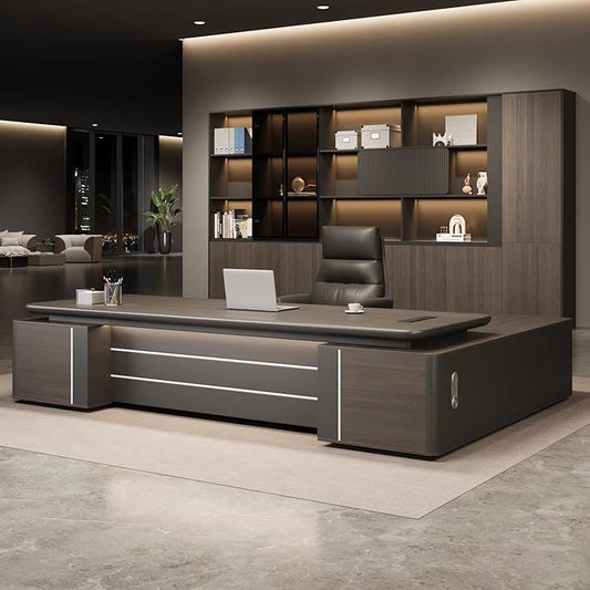 Modern Executive Desk, L Shaped Executive Office Desk with Drawers, Manufactured Wood Computer with Storage Aluminum Alloy Inlaid Curved Surface, Management Working Table (A - Left, L 200cm/78.7in)