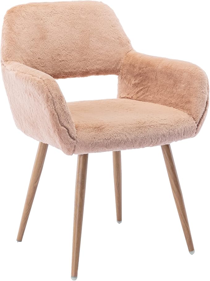KCC Furry Desk Chair, Mid-Century Modern Accent Faux Fur Chair for Teen Girls, Comfy Armchair with Wood Look Metal Legs for Living Dining Room, Home Vanity Makeup Office Desk Chairs No Wheel, Camel