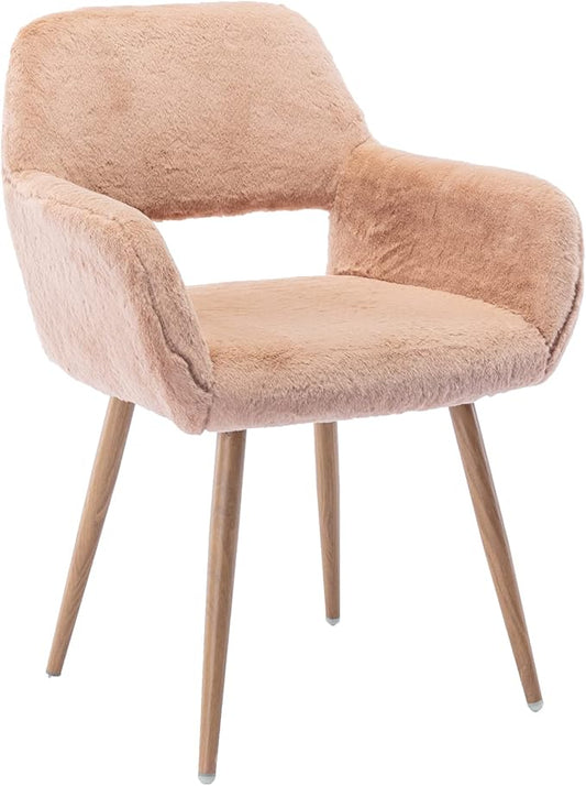 KCC Furry Desk Chair, Mid-Century Modern Accent Faux Fur Chair for Teen Girls, Comfy Armchair with Wood Look Metal Legs for Living Dining Room, Home Vanity Makeup Office Desk Chairs No Wheel, Camel
