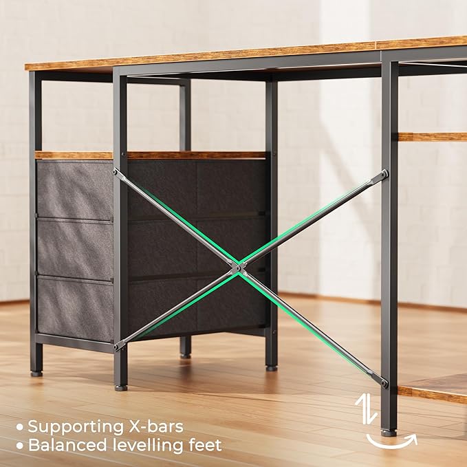 Huuger L Shaped Office Desk with Power Outlets, 55 Inch Computer Desk with 3 Drawers, Shelves, Reverisble for Gaming Corner Work Home Office Study, Rustic Brown