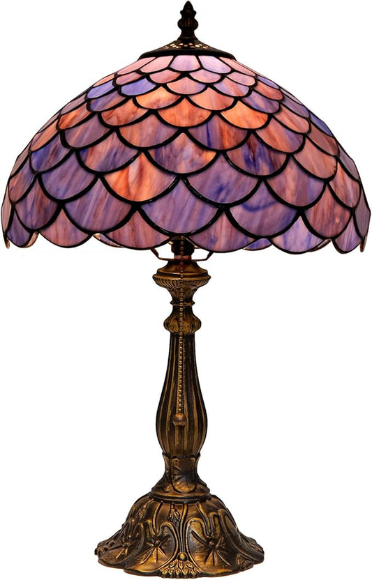 Tiffany Style Table Lamp Vintage Stained Glass Desk Lamp Deep Blue Purple Fish Scales Bedside Reading Light Decor Bedroom Living Room Home Office D12 xH18