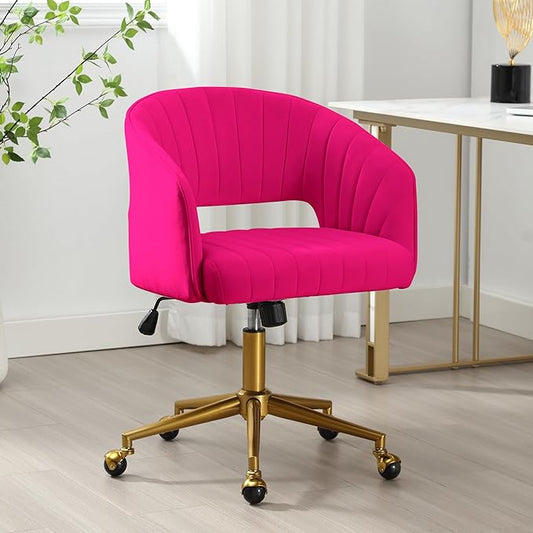 ABET Desk Chair with Wheels, Velvet Home Office Chair, Swivel Armchair Gold Base, Upholstered Modern Accent Chairs, Back Incline Adjustable for Living Room Bedroom Vanity, Hot Pink