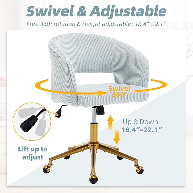 ABET Desk Chair with Wheels, Corduroy Home Office Chair, Swivel Armchair Gold Base, Upholstered Modern Accent Chairs, Back Incline Adjustable for Living Room Bedroom Vanity, Light Blue