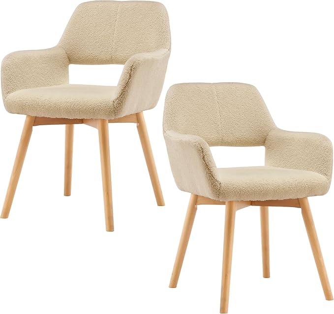 Mid Century Modern Dining Chairs Set of 2 & 4 & 6 Comfy Accent Chair Upholstered Kitchen Dining Living Room Chairs for Bedrooms Waiting Room Home Arm Desk Chair No Wheels (Wool Light Khaki, 2)