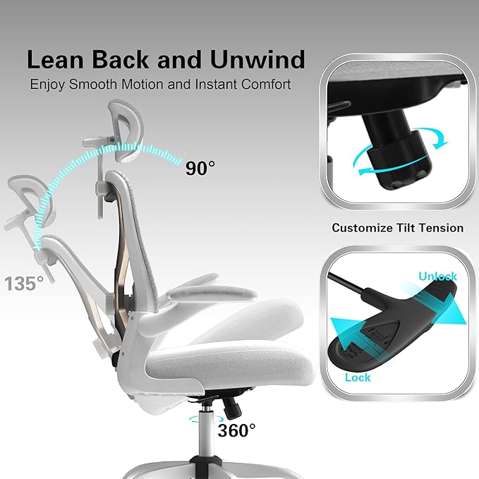 Office Chair for Back & Neck Pain Relief, Virgin Foam Seat, 2D Adjustable Lumbar & 3D Headrest, Flip-Up Armrests, Tilt & Rock for Relaxation, White/Gold