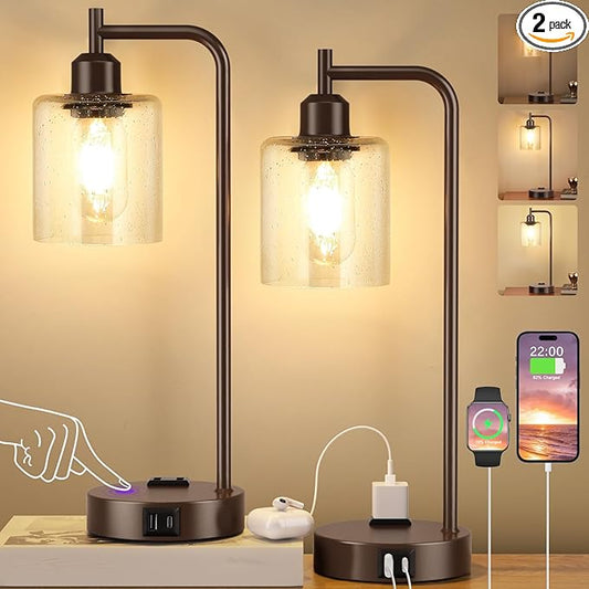 Innqoo Industrial Touch Table Lamps - 3-Way Dimmable Desk Lamps Set of 2 with USB C+A Ports and Outlet, Brown Bedside Lamps with Clear Glass Shade for Living & Bedrooms