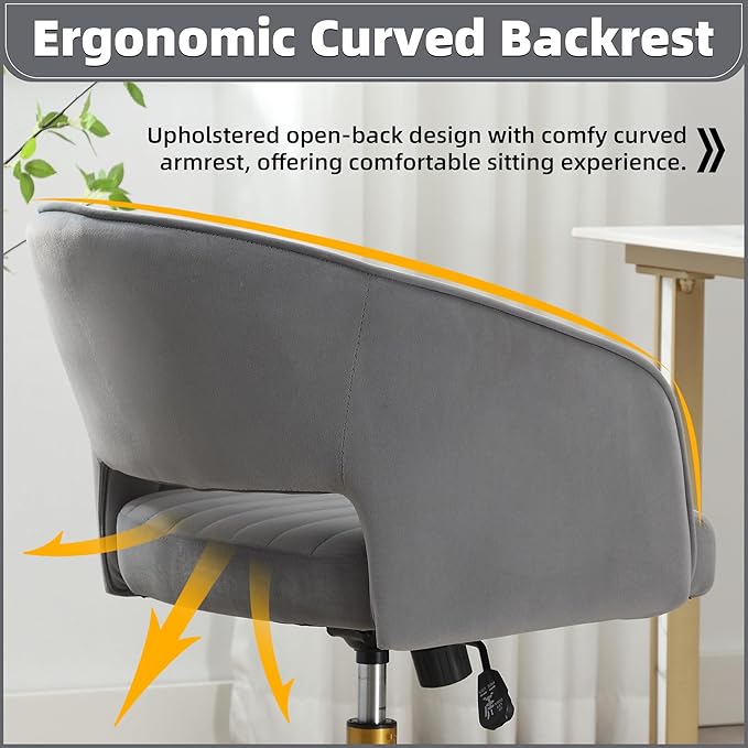 ABET Desk Chair with Wheels, Velvet Home Office Chair, Swivel Armchair Gold Base, Upholstered Modern Accent Chairs, Back Incline Adjustable for Living Room Bedroom Vanity, Grey
