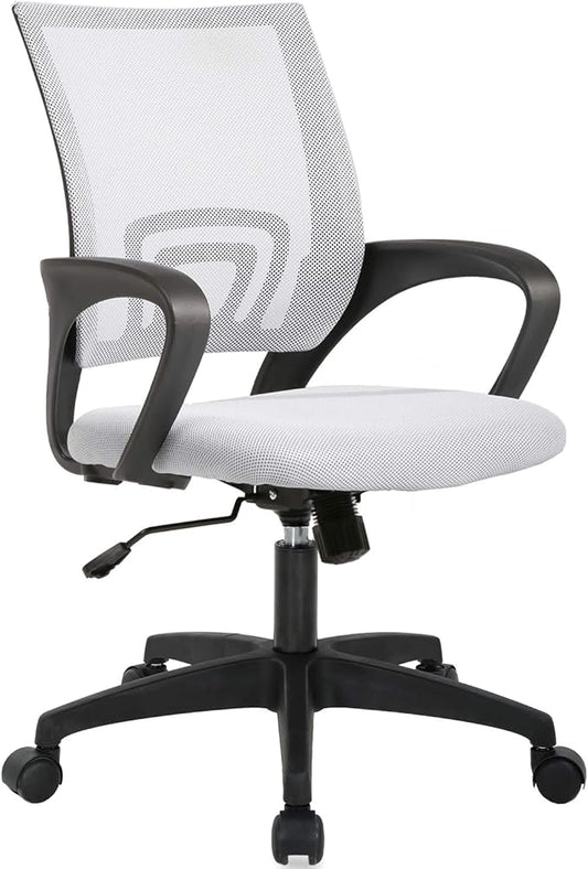 BestOffice | Ergonomic Office Chair | Mid-Back Swivel Desk Chair | Breathable Backrest & Lumbar Support | Adjustable Height | Sponge Seat | Rolling Wheels | White | for Adults & Women