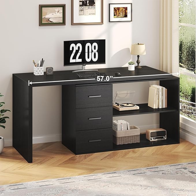 HSH Black L Shaped Desk with Drawers Shelves, 360 Rotating Home Office Desk L Shape with Storage Cabinet, Corner Wood Computer Table for PC Executive Work Study Writing in Bedroom Living Room, 55 in