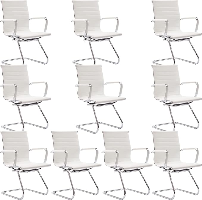 Wahson Office Guest Chairs Set of 10, Leather Reception Chairs, Mid Back Waiting Room Chair, Conference Chairs with Sled Base, Desk Chair No Wheels for Meeting/Lobby/Restroom, White