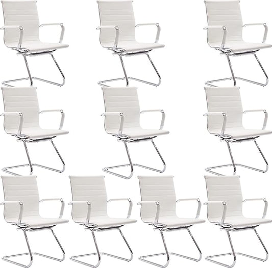 Wahson Office Guest Chairs Set of 10, Leather Reception Chairs, Mid Back Waiting Room Chair, Conference Chairs with Sled Base, Desk Chair No Wheels for Meeting/Lobby/Restroom, White