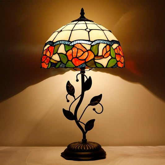Tiffany Lamp Rose Flower Style Stained Glass Table Lamp Desk Bedside Reading Light 12X12X19 Inches with Metal Leaf Base Decor Bedroom Living Room