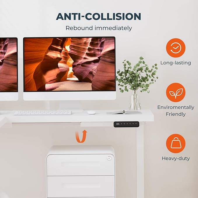 L-Shaped Standing Desk, 63 x 47 Inches Height Adjustable Desk, Sit and Stand up for Work Office Home, Ergonomic Rising Computer Table for Home Office with Splice Board, White